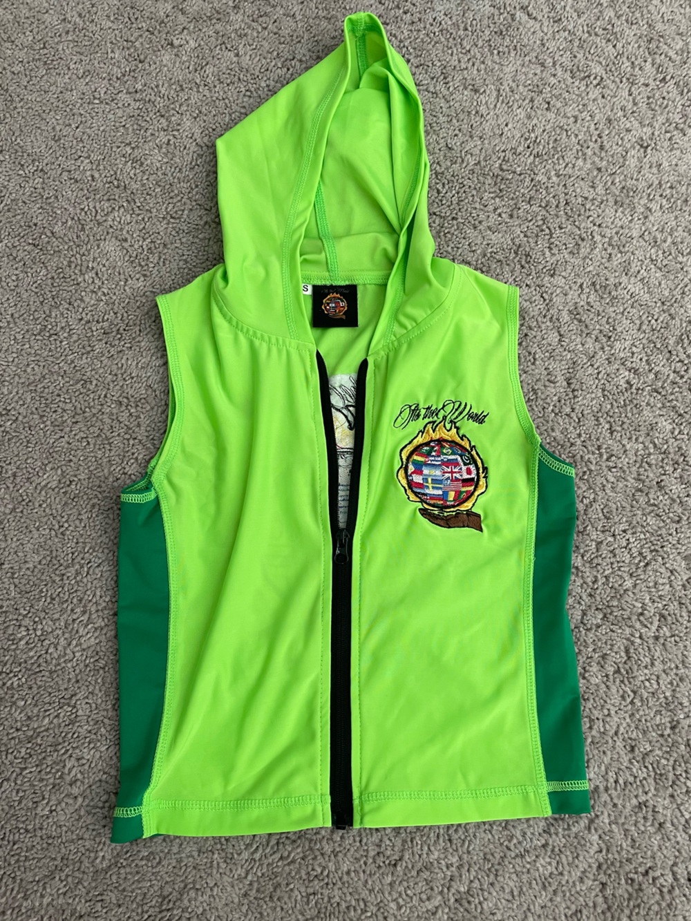 Vintage Otta the World Neon Lime Green Sleeveless Zip Up Hoodie Vest
